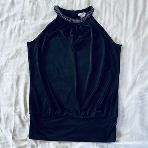 Caché Black Satin Sleeveless Shirt Embellished Collar Size M